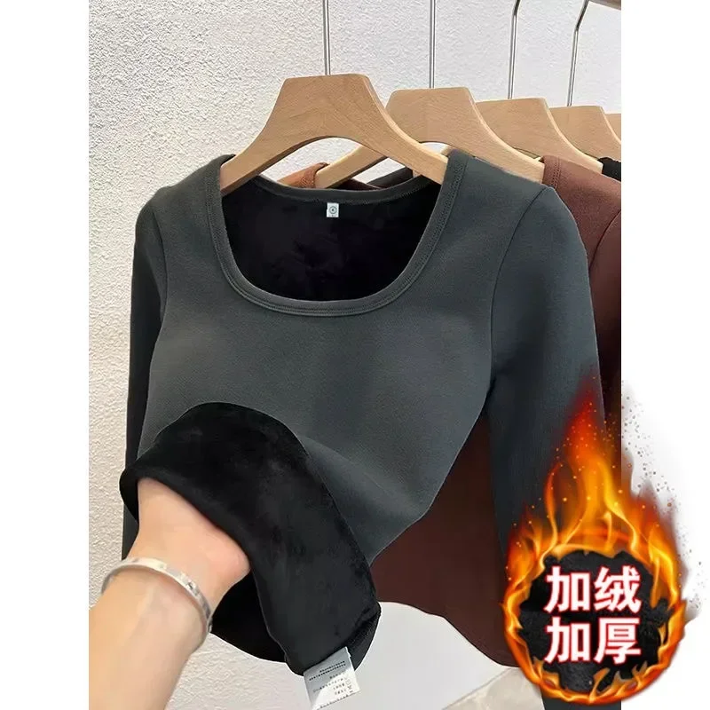 Winter Women Thermal Underwear Tops Square Collar Fleece Basic Pullover Autumn Crewneck Top Casual Thermal Shirt Women image 4