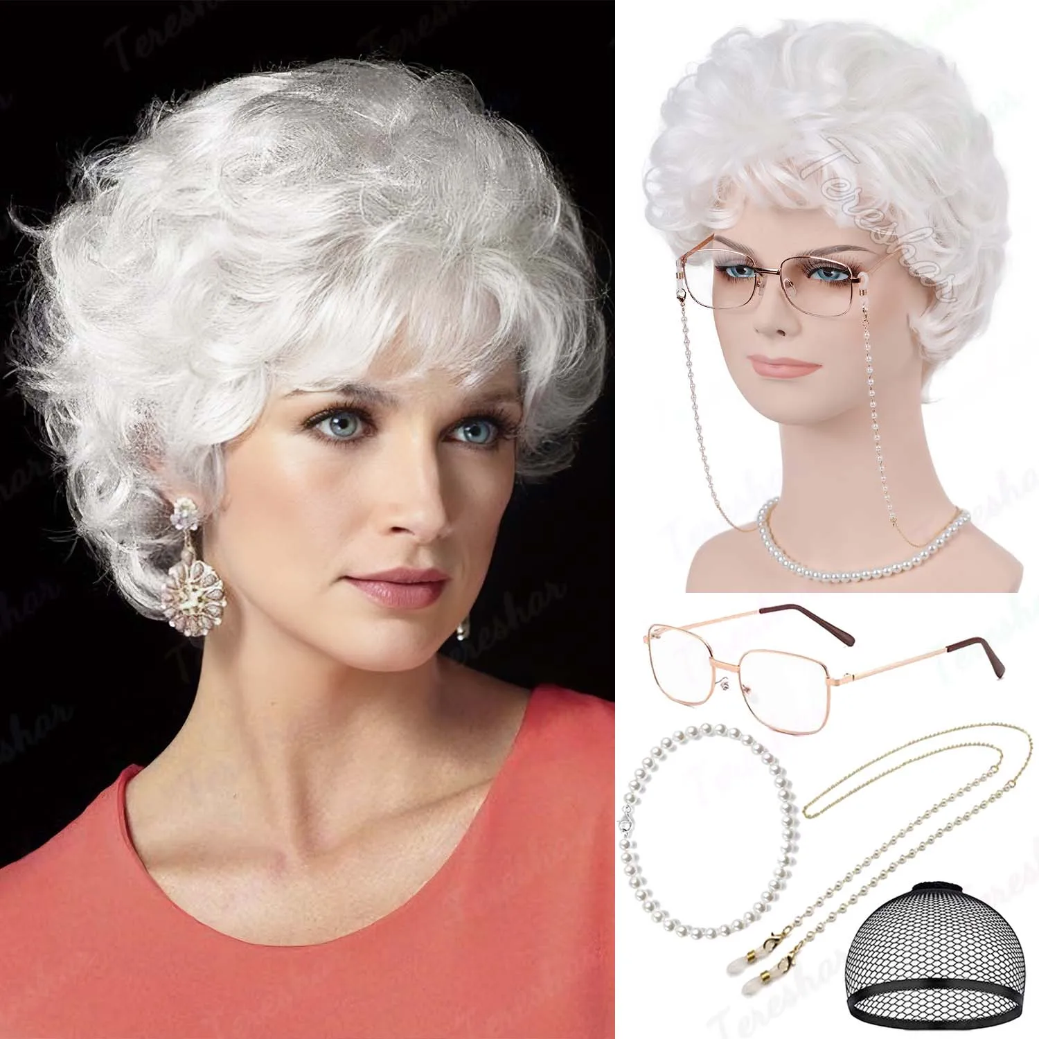 

Синтетические парики старых леди для женщин Белая бабушка Косплей Парик с челкой Короткий вьющийся парик с стрижкой пикси Ежедневный костюм Термостойкий