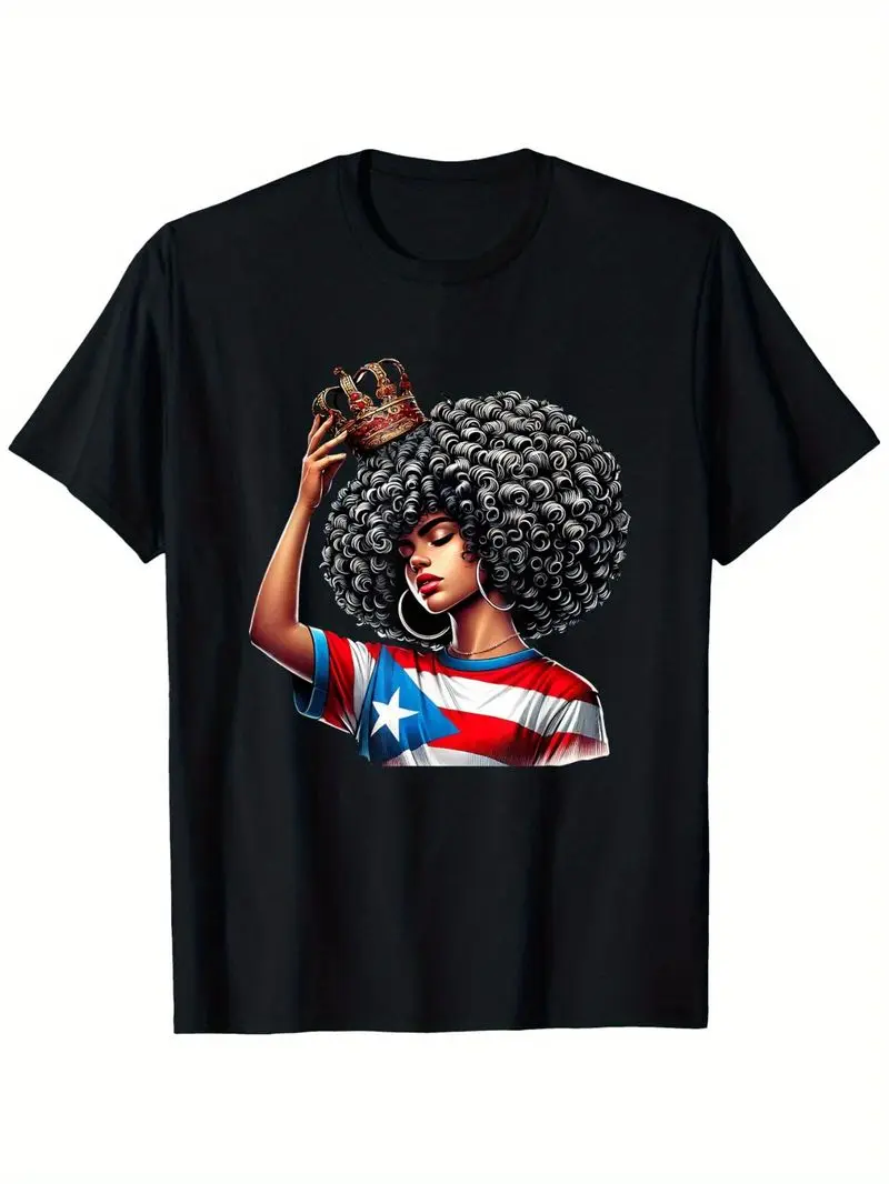 1Pc Afro Queen Puerto Rican Princess T-Shirt, Latina Flag & Rasta-Like Color Stripe Design, Unisex 100% Cotton, Latinx Pride