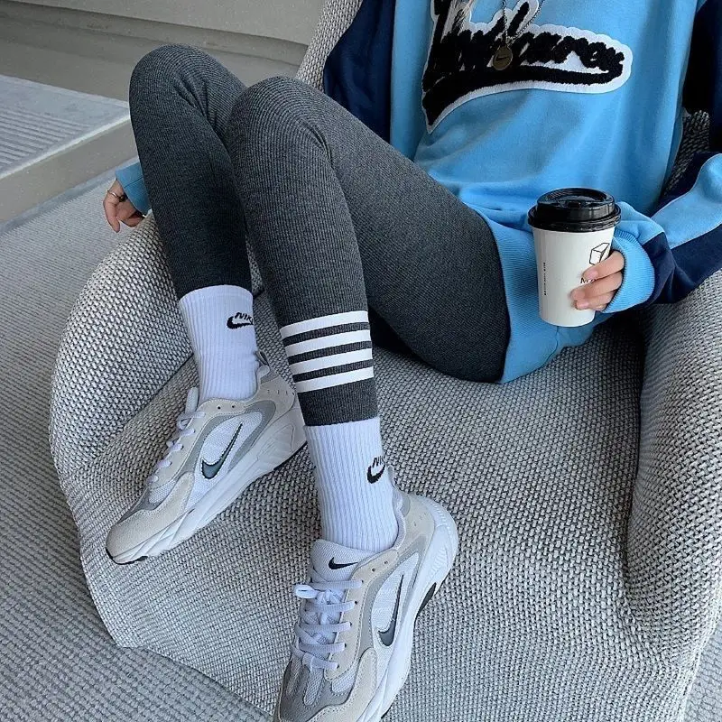 New Winter Women Korean Fashion Striped Plush Thick Warm Comfortable Leggings Female High Waist Skinny Stretchy Pants Pantalones