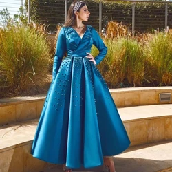 Blue Satin Beading Prom Dress V-Neck Long Sleeve A-Line Ankle Length Pleat Draped Women Customized Occasion Formal Party Gowns