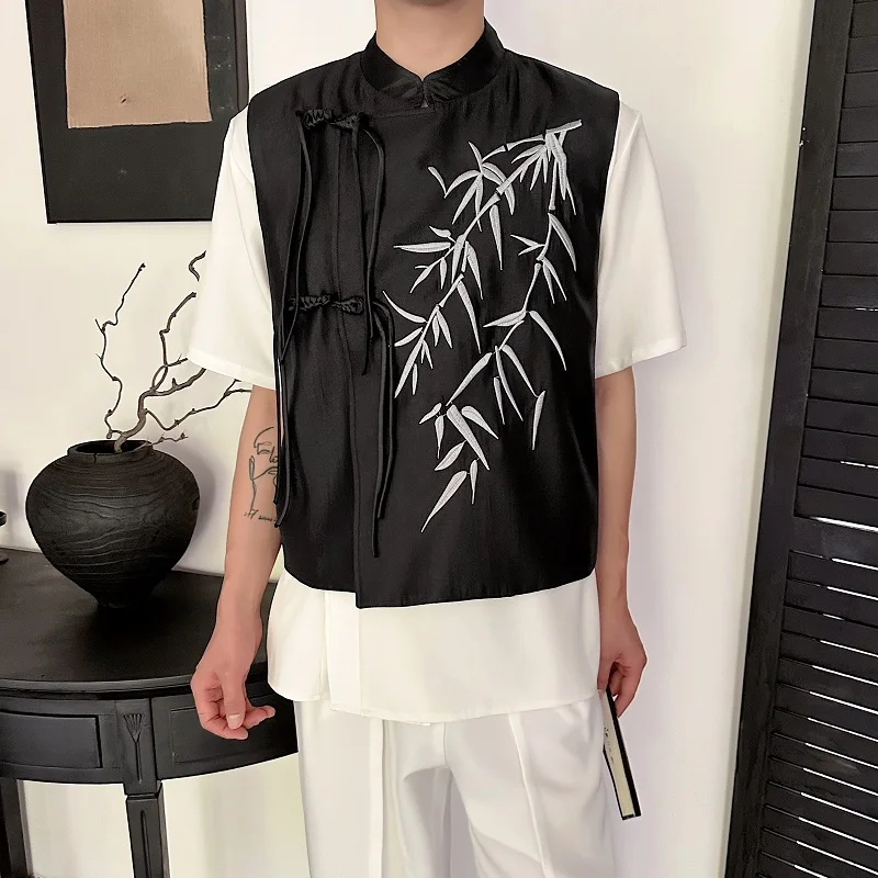 

New Chinese Sle Embroidered Bamboo Men's Vest Stand Collar Tassel Button Retro Jaet Loose Fit Youth Faion All Seasons