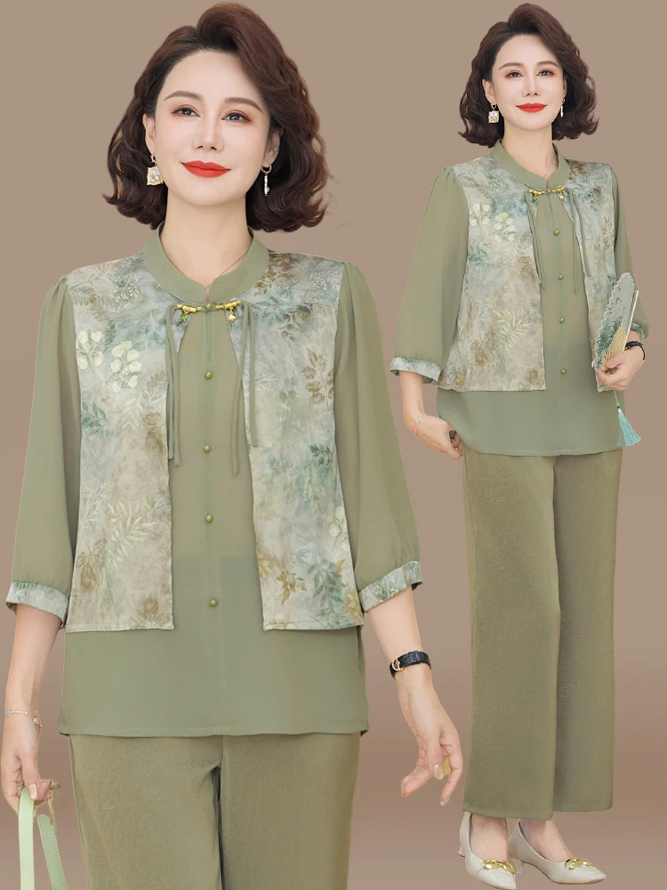 

Новый китайский осенний комплект одежды для мам 2025 года: модный шифоновый топ для женщин среднего и старшего возраста, весна-осень, в национальном стиле