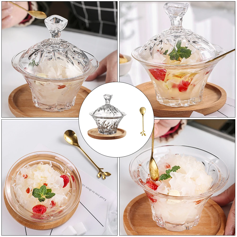 

1 set Dessert Bowl Sugar Candy Container Stainless Steel Glass Bowl for Fruit Salad Breakfast Food Serving Household Storage