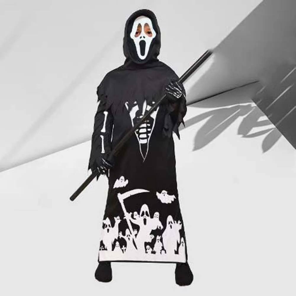 Kostium na Halloween dla dzieci: szkieletowy duch, świecący płaszcz, maska czaszki, kostium horroru, przebranie na Halloween, odgrywanie ról, Bóg Śmierci