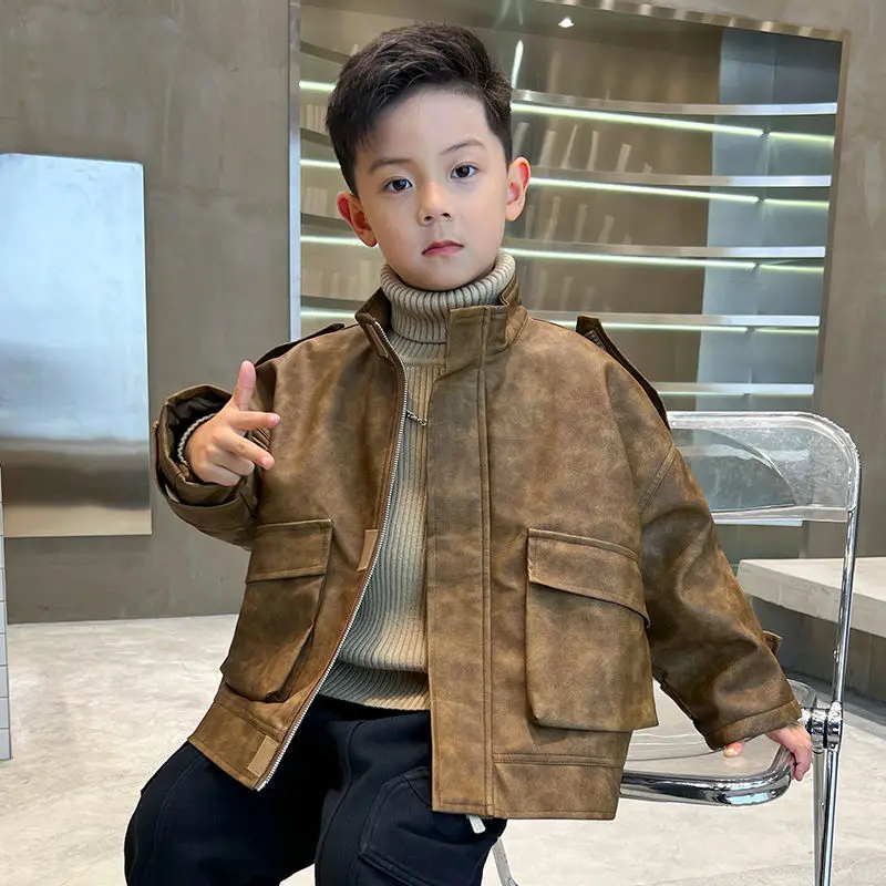 

Winter Autumn Warm Jackets Coats Boys Baby Artificial Leather Thick Kids Lapel Outerwear Children Coat Handsome Streetwear Cloth