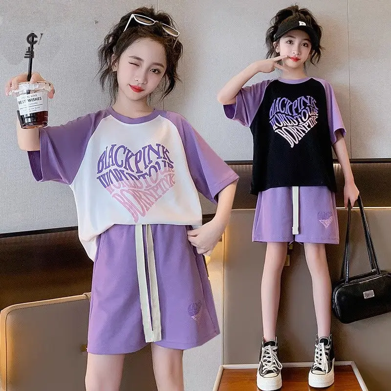 

Girls Contrast Color Fashion Summer 2pcs Short Sleeve T-shirts+Short Pants Suits 6-14 Years Kids Stylish Sports Streetwear Sets