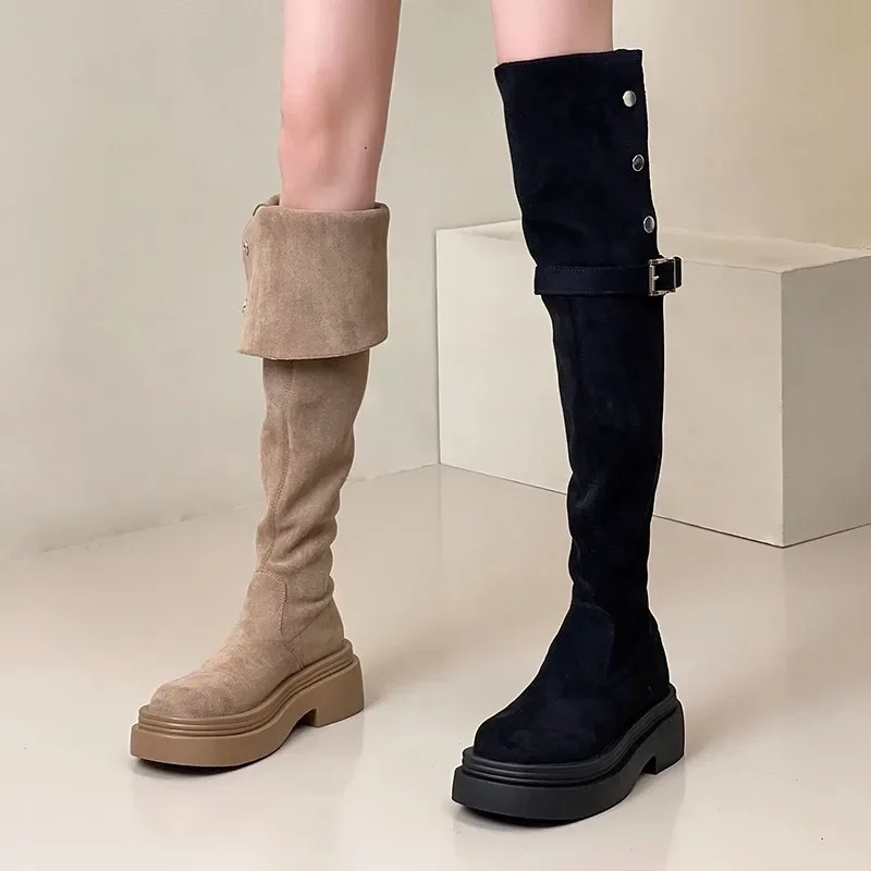 Retro Over The Knee Cowboy Boots Women Autumn Platform Shoes Fashion Suede Thigh High Knight Boots Chunky Heel Motorcycle Botas