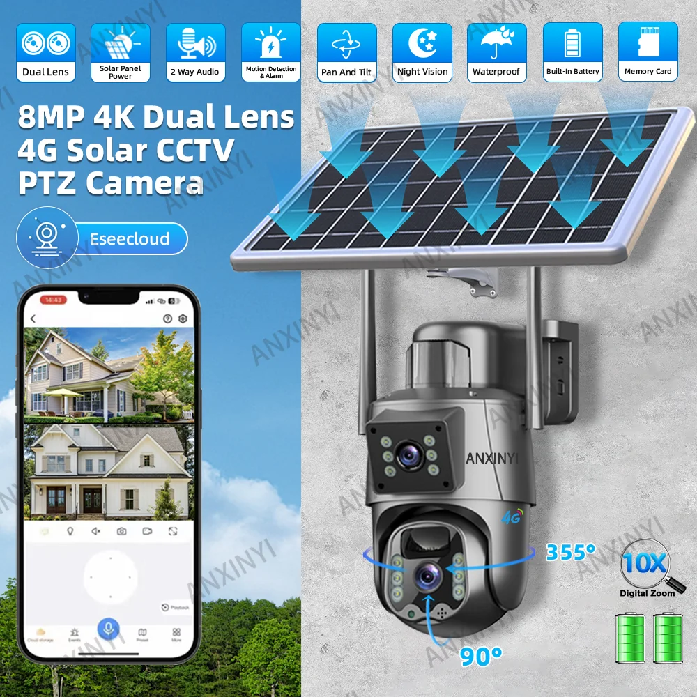 4K 8MP Eseecloud sans fil WiFi/4G carte Sim double objectif Vision nocturne solaire alimenté caméra de sécurité CCTV extérieure