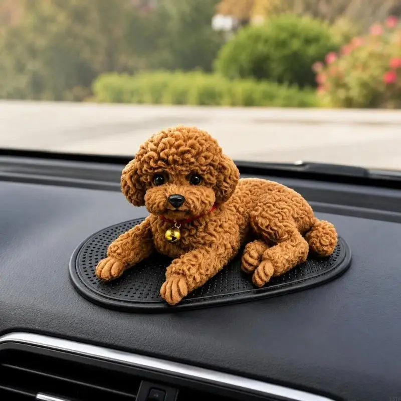 Curly-Haired Dog Dashboard Ornament with Lying-Pose Figure, Nonslip Mat, and Direct Set-In-Place Vehicle Decoration X37F