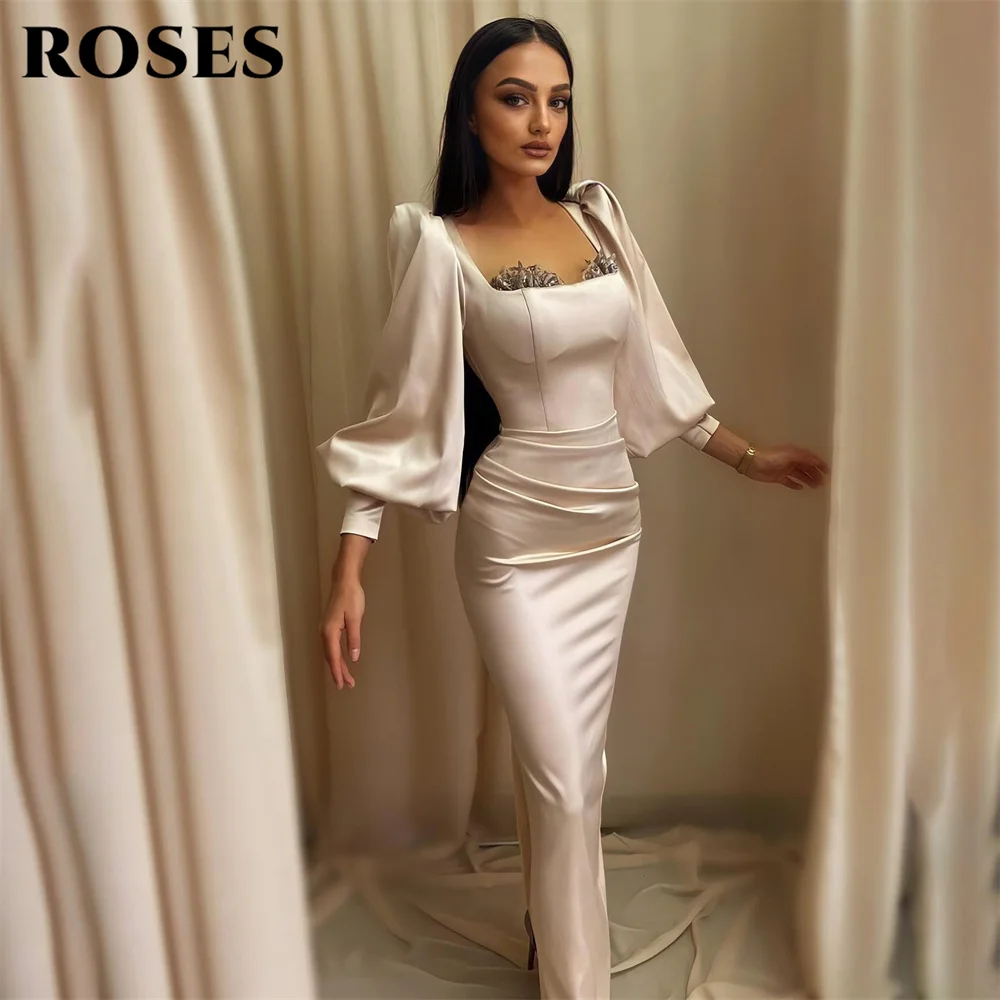 

ROSES Mermaid Sexy Special Occasion Dresses Champagne Formal Gown Long Evening Dresses With Long Sleeves vestidos de fiesta