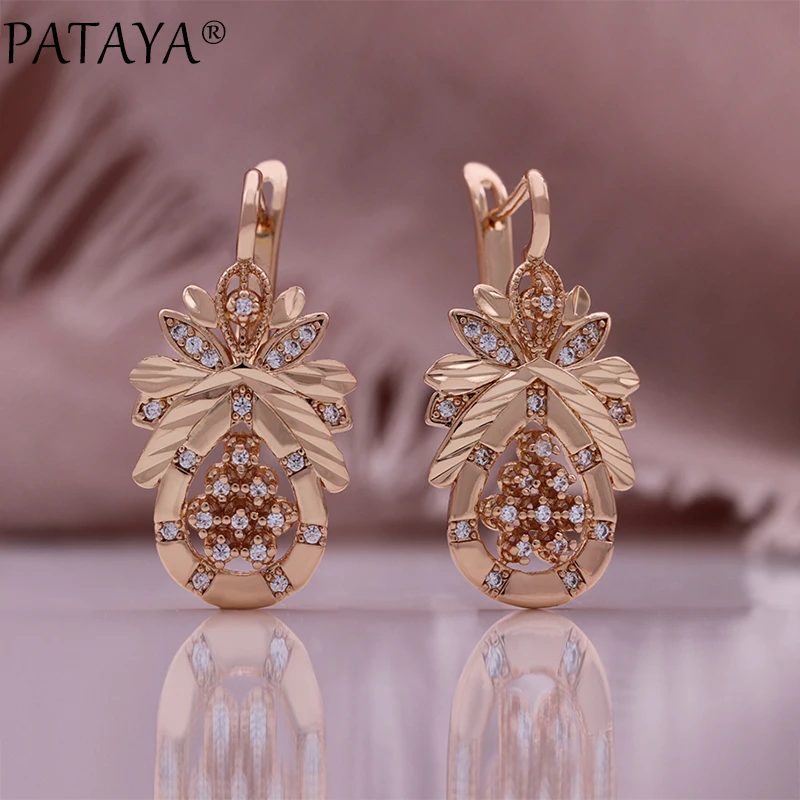 PATAYA 585 Rose Gold Color Romantic Pineapple Shaped Necklace Ring Earrings Jewelry set for Women Anniversary Gift Fine Jewelry