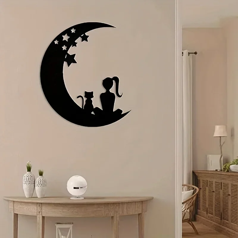 Gato e Lua Metal Wall Art, Decoração moderna, Escultura bonito da parede do gato, Presente