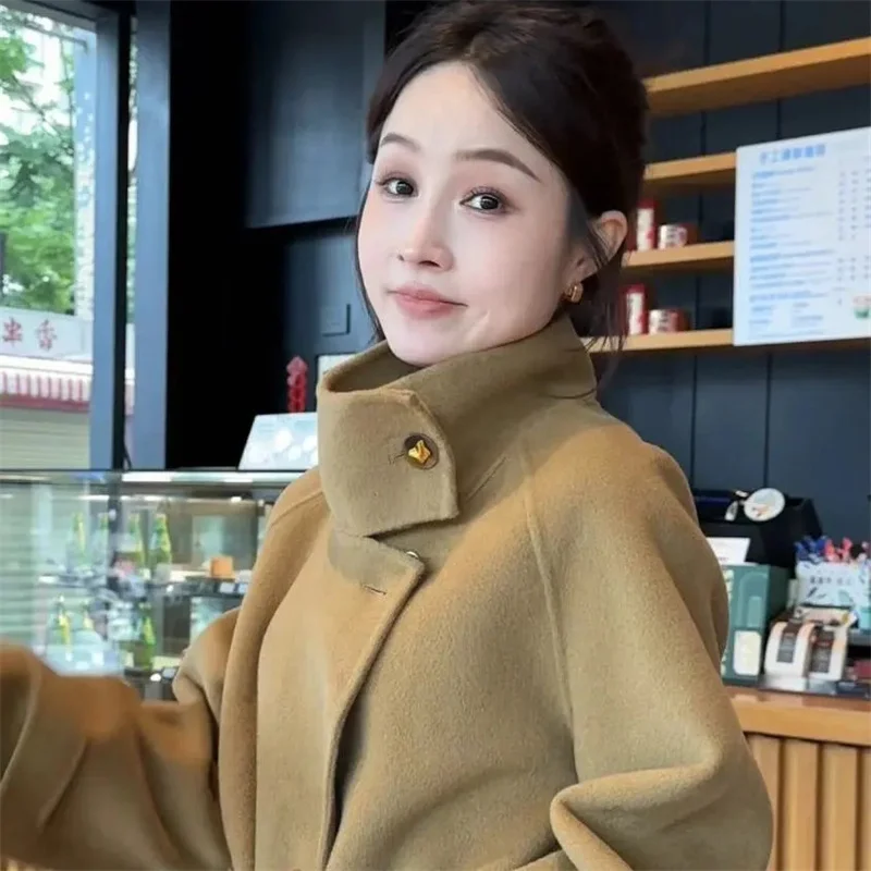 Giacche di lana monopetto da donna da ufficio 2025 Cappotti di lana 100% da donna lunghi larghi con colletto allacciato autunno e inverno