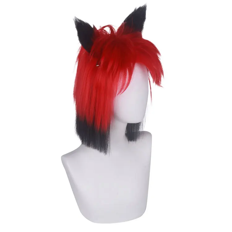 Alastor-Peruca Cosplay Anime Resistente ao Calor, Cabelo Vermelho e Preto, Orelhas Pré-Crimped, Óculos, Perucas Masculinas