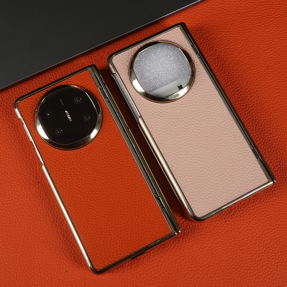 Etui z prawdziwej skóry liczi z powłoką złotą do Huawei Mate X6 X7 X5, tylna obudowa na telefon MateX6 MateX7 MateX5, konstrukcja z osią centralną. — zdjęcie produktu 4