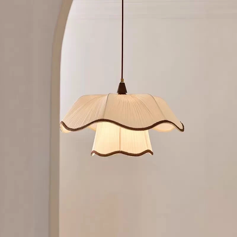 French Style Pleated Pendant Lamp Double Layer Flower Shade Chandelier Retro Wood Ceiling Light Living Room