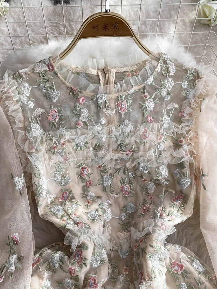 Ele Long Lace Dr with Embroidery And Bubble Sves Cake Sle Women's High Waist A-Line Skirt Autumn Season Faion