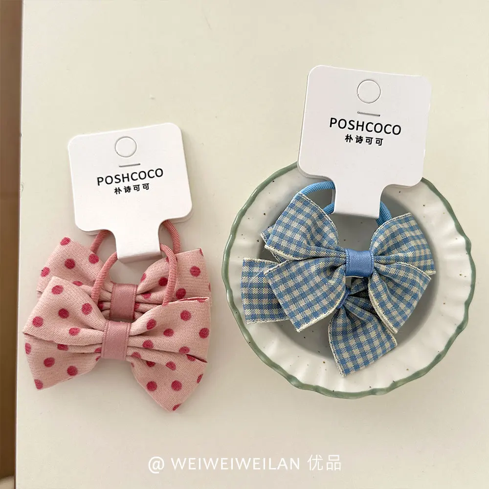 

Резинки для волос ручной работы, 2 шт., дизайн с бантом в горошек, клетчатые аксессуары для волос для девочек