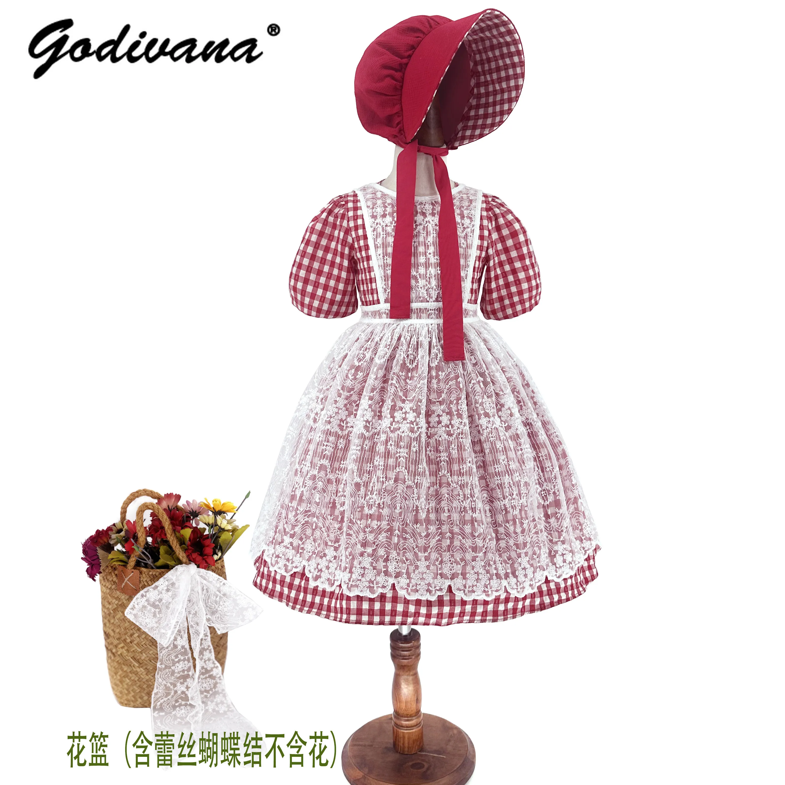 Cute Girls Summer Vintage Short Sleeve Cosplay Dress Kids Country Halloween Fairy Costume Red Plaid Lace Embroidery Apron Sets