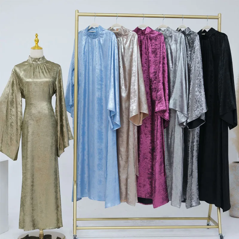 Belted Dress Shiny Satin Abaya Pagoda Sleeve Satin Dubai Islam Muslim Kaftan Dresses Kebaya Abayas Women Robe Musulmane Vestidos