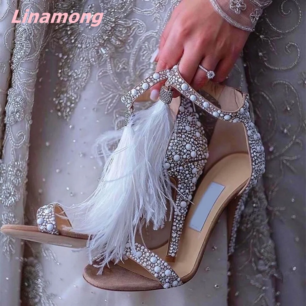 2024 Summer Pearl Women Sandals Cover Thin High Heel Sexy Genuine Leather Sweet Zipper Open Toe Comfortable Party Wedding  Shoes