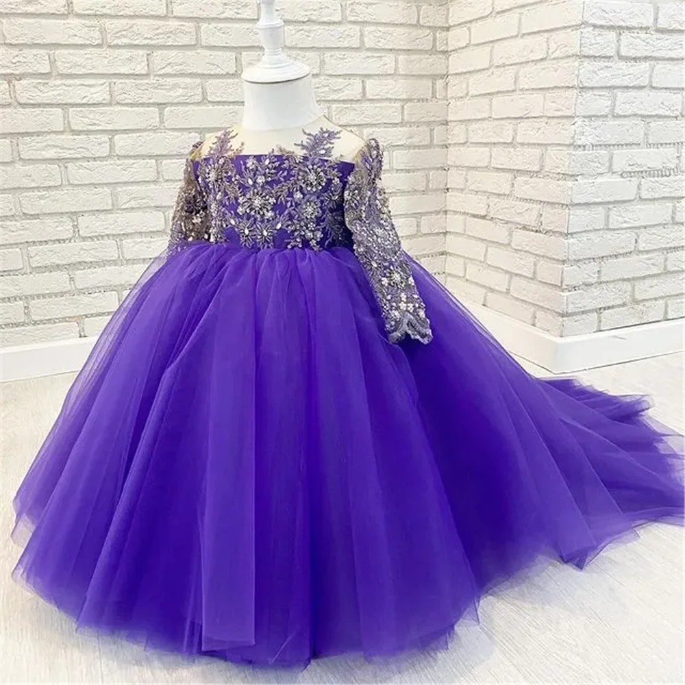 Lace Beaded Flower Girl Dress Ball Gown Sheer Neck Long Sleeves Lilttle Kids Birthday GIFT Pageant Weddding Dresses  Gowns