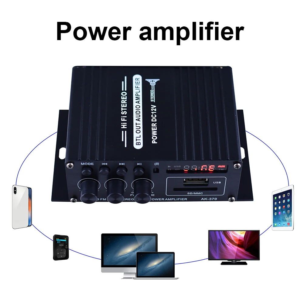 AK-370/AK-170 Bluetooth Amplifier Audio Power Amplifier 2.0 Channel DC 12V Digital Audio Amp 20W+20W HIFI Stereo USB OTG Input