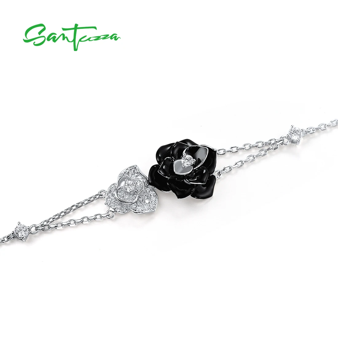 SANTUZZA Genuine 925 Sterling Silver Adjustable Bracelet For Women Vintage Black & White Flower Wedding Fine Jewelry Enamel