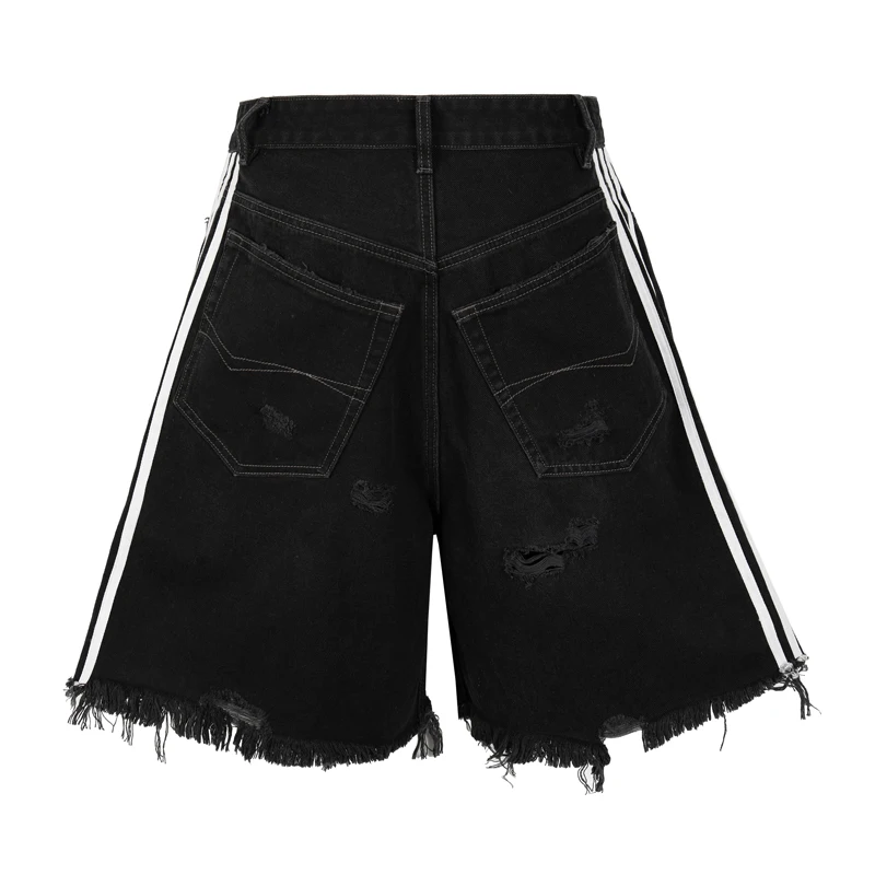 High Street Ripped Tassel Denim Shorts Men's Distressed Cropped Streetwear Casual Loose Streetwear Jeans Pants