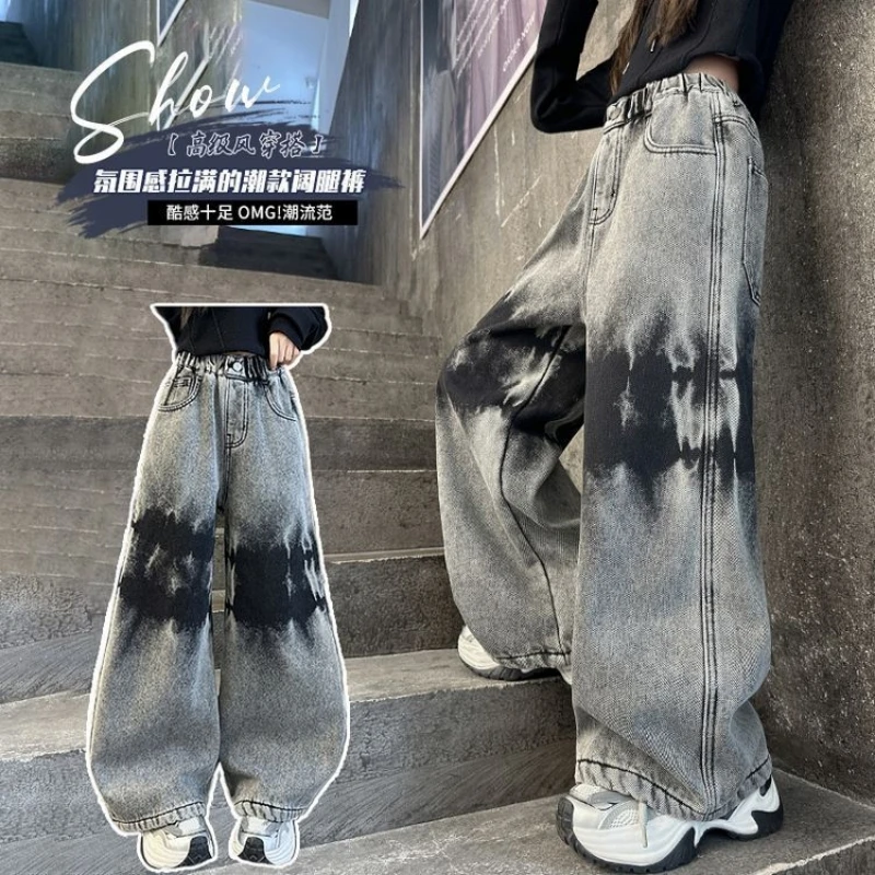 جينز بناتي، سروال جينز واسع الساق من قماش الدنيم، صبغ أمريكي عتيق، بنطال شتوي دافئ مبطن بالصوف، لعمر 7 إلى 14 سنة