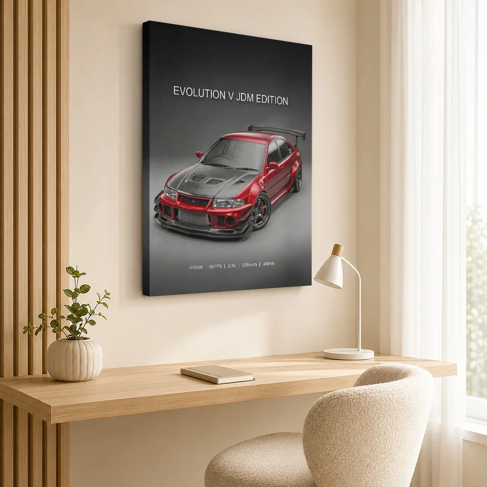 A striking red Sports Evolution V  car Framed Canvas Print Poster Customized Automotive Wall Paintings Decoration for Man Cave