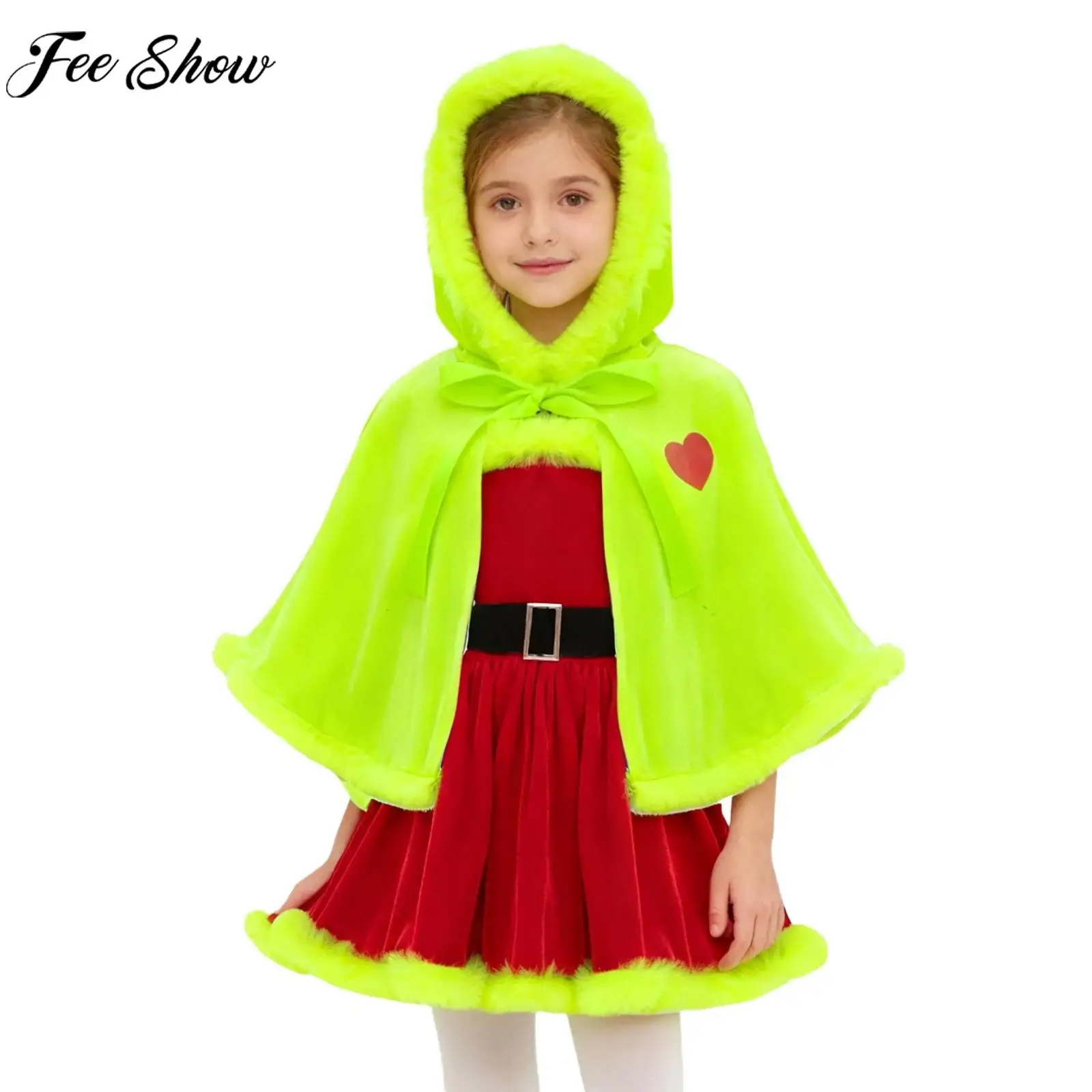 Kids Girls Christmas Green-haired Monsters Santa Claus Costume Plush Trim Dress Hooded Cloak for Xmas Carnival Cosplay Party