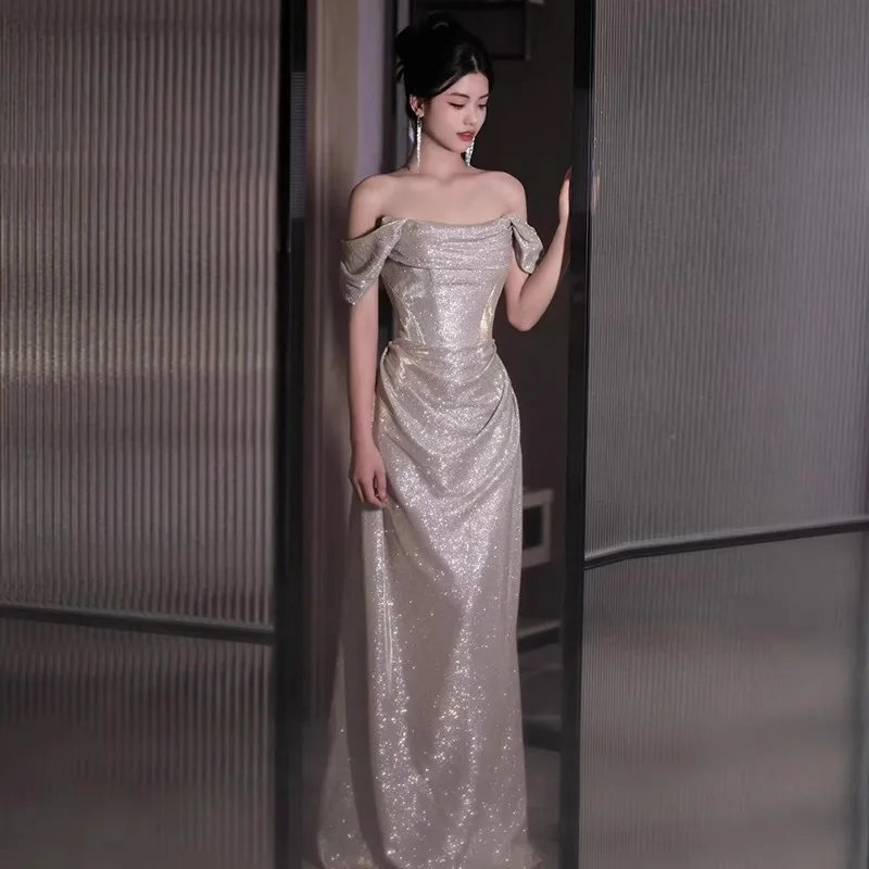 ประกายเลดี้ชุดราตรีเซ็กซี่ปิดไหล่ชุดแต่งงานชุดราตรีอารมณ์สง่างามชุดสตรี Vestidos