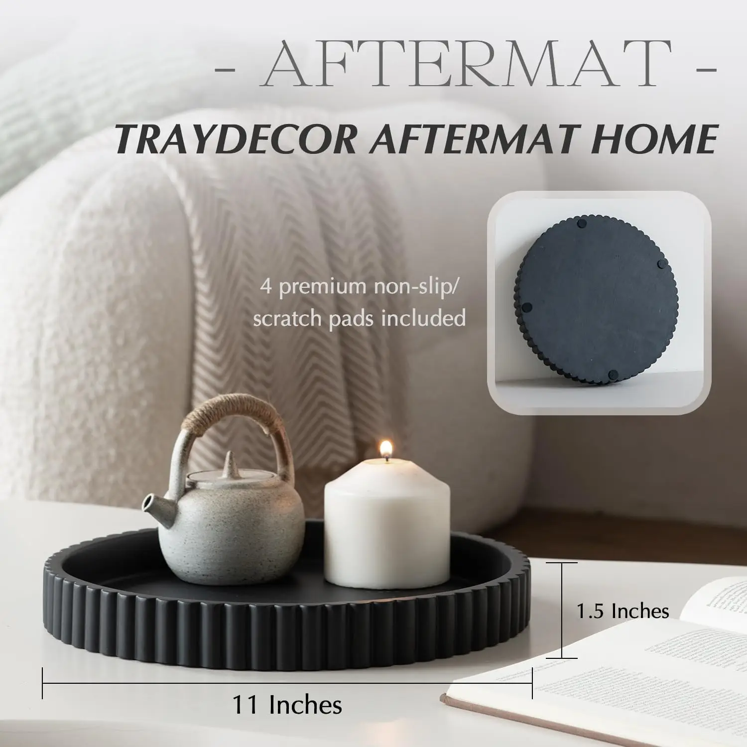 Schwarzes rundes Beton-Serviertablett für Couchtisch, Wohnzimmer-Dekoration, 27,9 cm großer Akzent für Zuhause