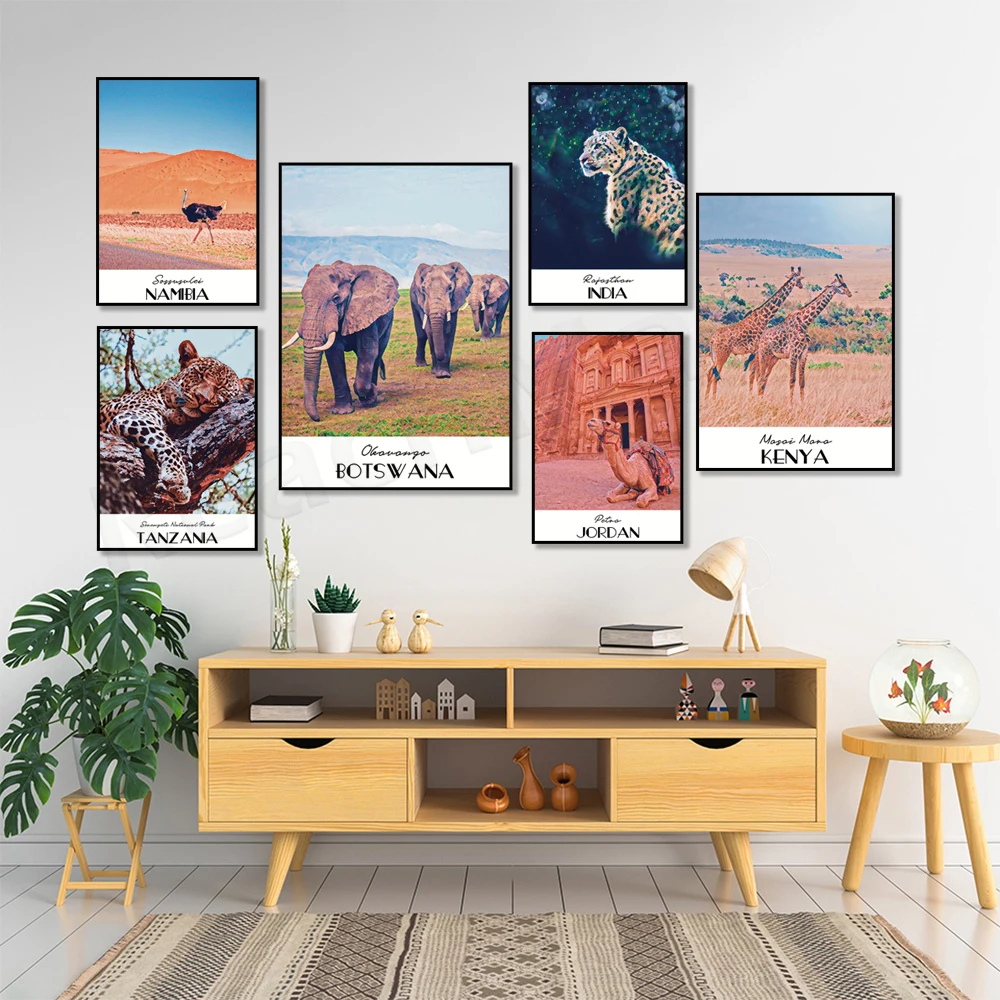 Kenya - Masai Mara, Botswana - Okavango, Tanzania - Serengeti, India - Rajasthan, Namibia - Sossusulei, Petra travel poster art