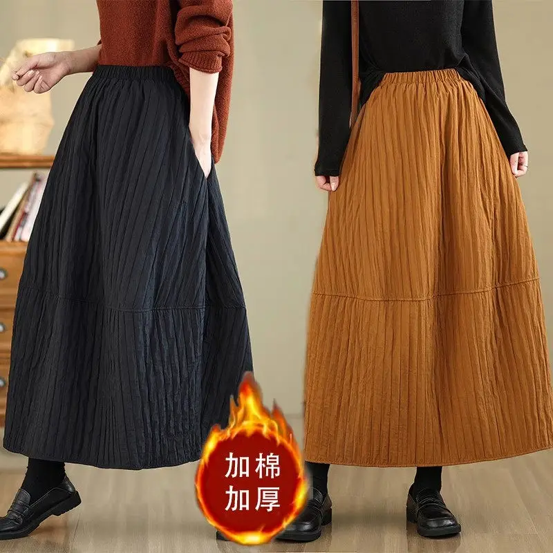 2024 Winter Quilted Skirt Women Loose Simple Solid Color Casual Thread Warm Skirt Lantern Elastic Waist Solid Color Falda A450