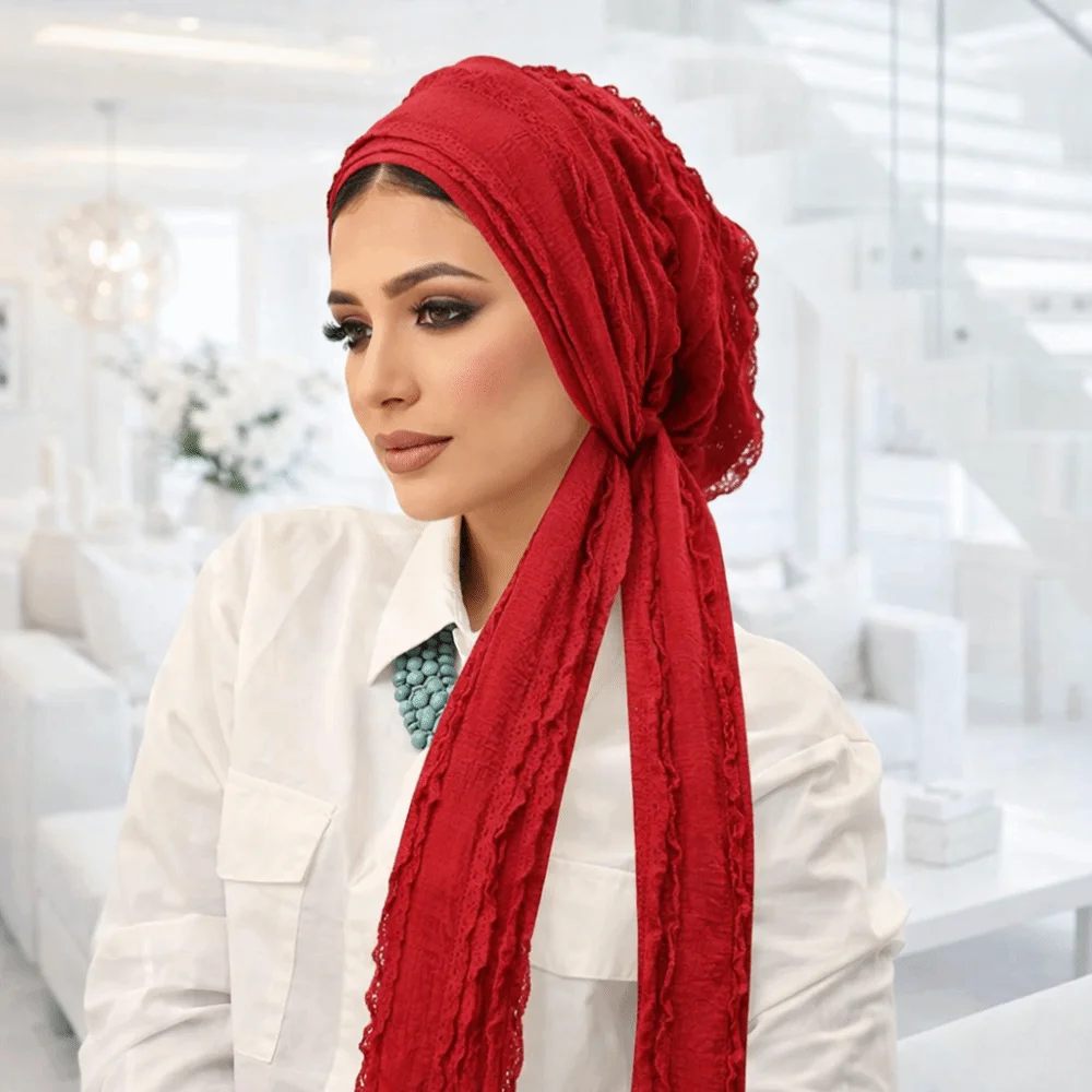 Adjustable Women Turban Hats Polyester Long Tail Tie Solid Color Crinkle Hijabs Pleated Unicolor Wrinkle Headscarf Modest