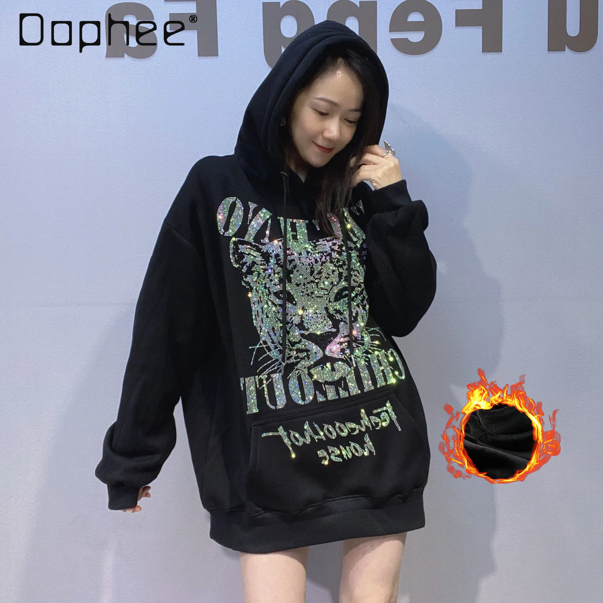 

Модная брендовая одежда, толстовка с капюшоном и стразами, женская толстовка унисекс на флисовой подкладке, утепленный осенне-зимний спортивный повседневный свободный топ