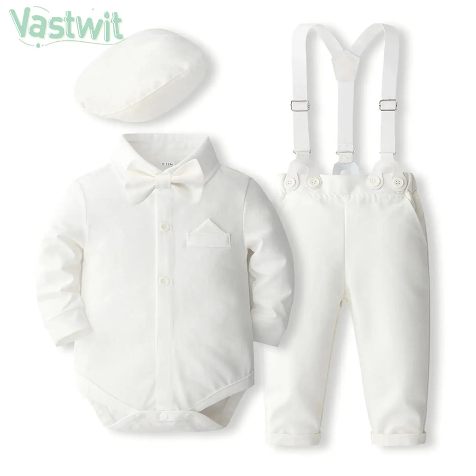 

0-24M Baby Boys Christening Gentleman Suit Wedding Birthday Party Outfit Long Sleeve Romper with Suspender Pants Bow Beret Hat