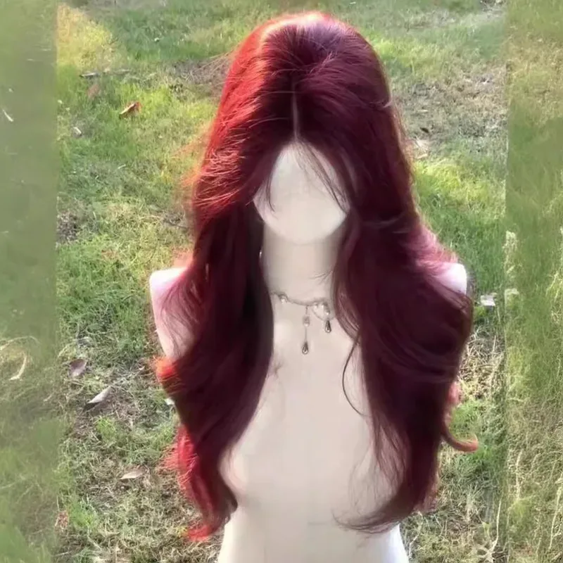 

Summer wig wine red haze blue wig golden princess hair Mid cut eight character bangs big waves long curly hair Regular No lace