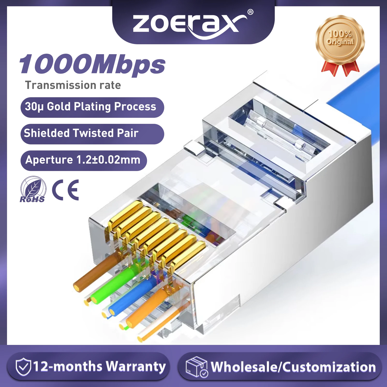 

ZoeRax RJ45 Cat6A Cat6 Cat5e Pass Through Connector Gold Plated 3 Prong 8P8C Modular Plug for UTP/STP Stranded Ethernet Cable