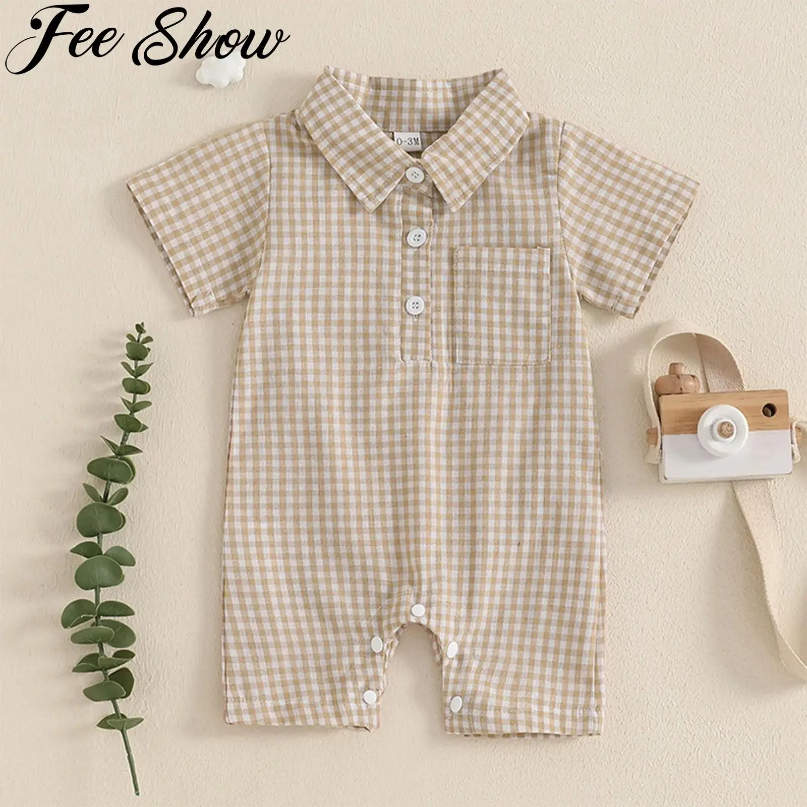 

Baby Boys Summer Gingham Rompers Lapel Short Sleeve Pocket Press Button Plaid Jumpsuit Bodysuit Children Clothes Daily Wear