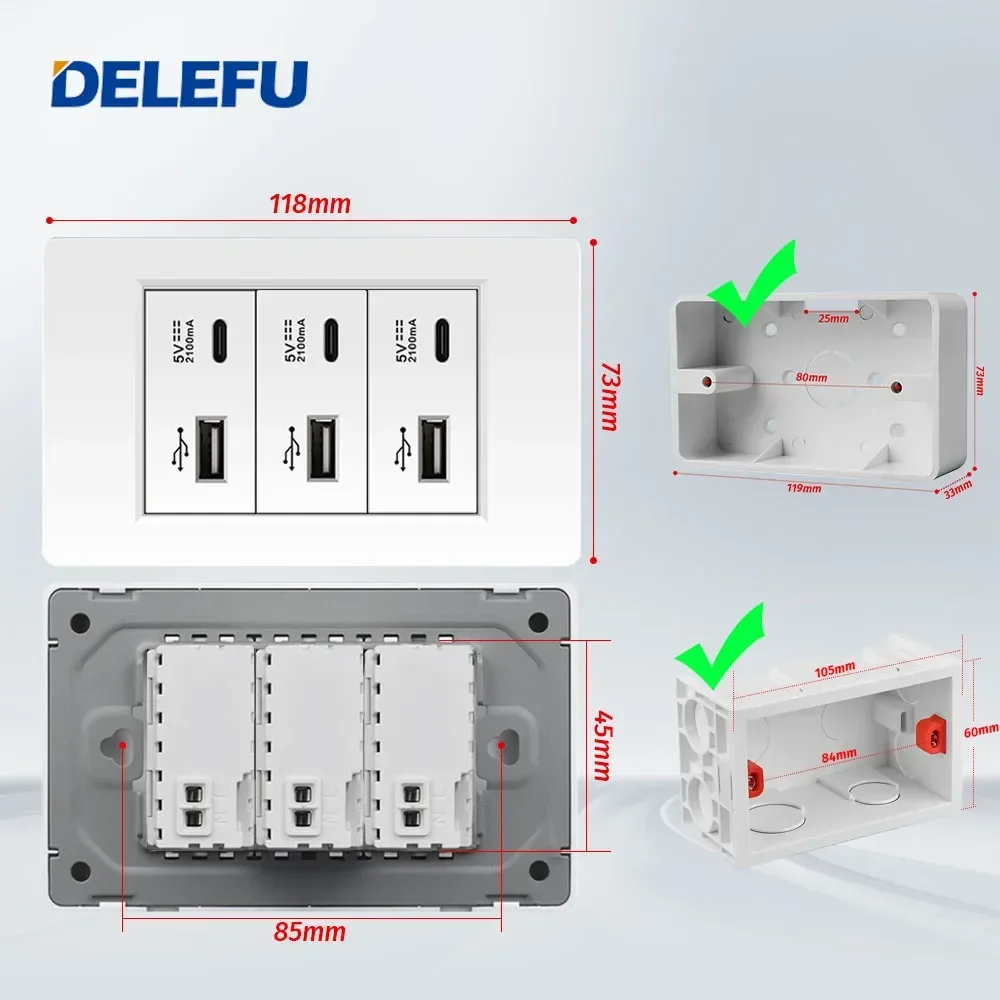 DELEFU 4*2 PC Flame Retardant Panel 6 Charging port Triple USB Type C Wall Plug 118*74mm 2.1A 5V Outlet