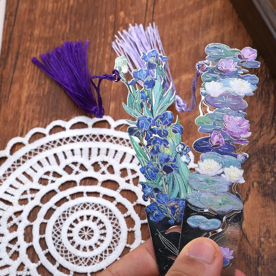 2 PCS Metal Bookmarks with Tassel Oil Painting Water Lilies and Irises Bookmark Pretty Bookmarks for Women Very Beautiful Bookm