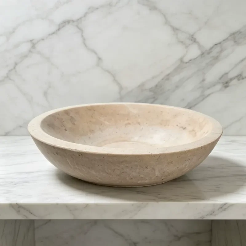 Round Beige Limestone Countertop Sink Marble Bathroom Wash Basin for Luxury Hotel Home Dresser Decoration Elegant Stone
