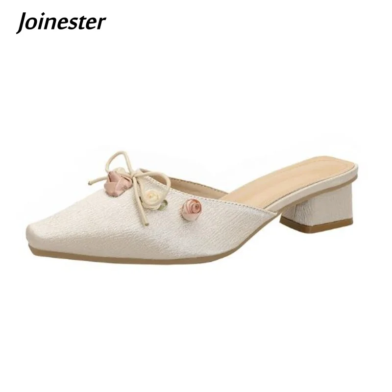 

Women Square Toe Fashion Summer Slipper with Flowers Mid Heeled Casual Dress Mules Ladies Outside Elegant Shoes