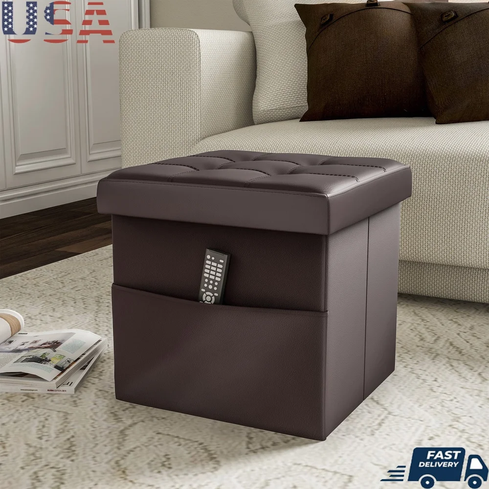 

Foldable Faux Leather Storage Ottoman with Pocket Cushioned Seat Sturdy MDF Modern Footrest Cube Living Room Bedroom Utility