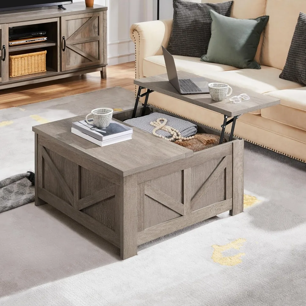 

Lift Top Coffee Table, Square Farmhouse Coffee Table with Hidden Storage Compartment, Wood Center Table for Living Room