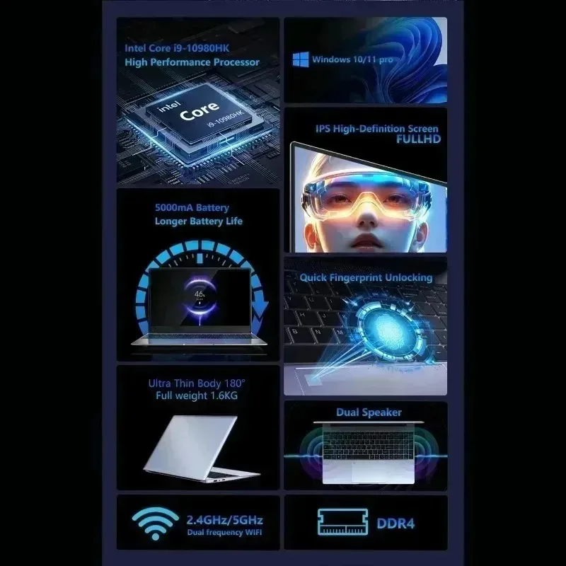 15.6' Intel Core I9 10980HK Windows 11 Pro Laptop Computer 32GB RAM 512GB 1TB 2TB SSD Portable Notebook PC Office Study Laptops view 2